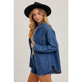 Oversized Jenny Dark Denim Button Down with frayed edges, perfect stylish womens clothes