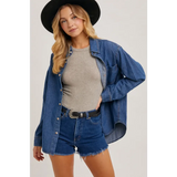 Oversized Jenny Dark Denim Button Down over a gray top and jean shorts, stylish womens clothes