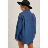 Oversized denim button-up shirt and black wide-brim hat from Jenny Dark Denim for stylish moms