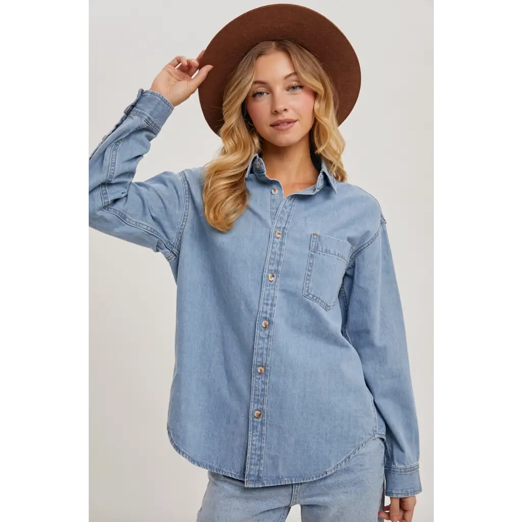 Light blue denim button-up shirt with a pocket, perfect stylish womens clothes for moms