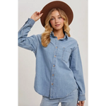 Light blue denim button-up shirt with a pocket, perfect stylish womens clothes for moms