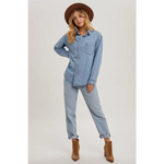 Light blue denim button-up shirt with jeans and brown boots from Jenny stylish womens clothes