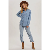 Light blue denim button-up shirt with jeans and brown boots from Jenny stylish womens clothes