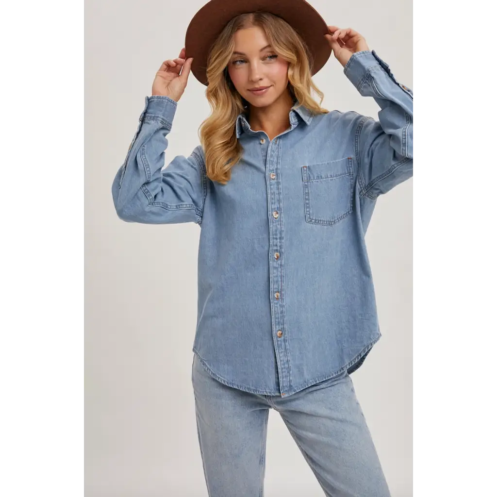 Light-wash Jenny Denim Button Down shirt, perfect for stylish moms and polished prints