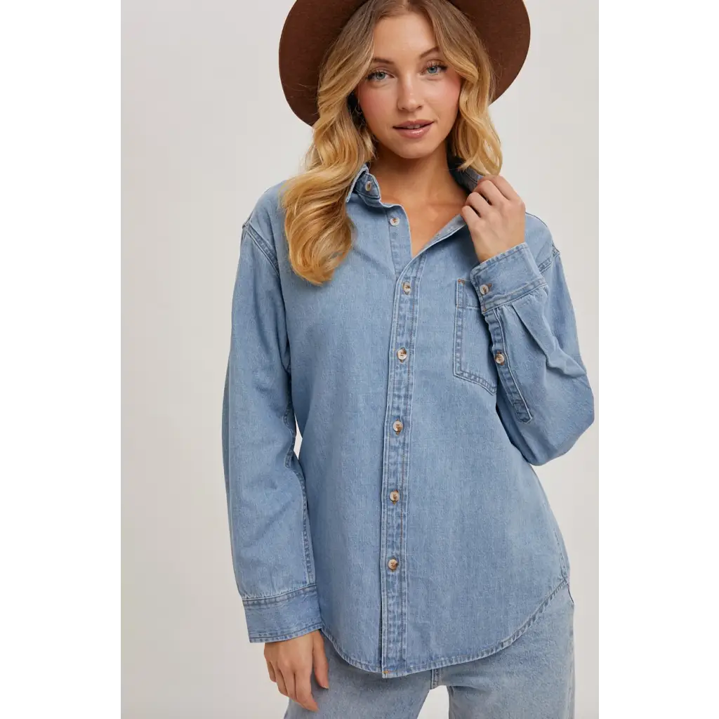 Light-wash denim button-up shirt for stylish moms, perfect for polished prints