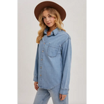 Light blue denim button-up shirt with chest pocket, perfect for stylish moms