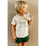 Toddler cream Juice Box Social Club t-shirt with green Juice Box graphic for kids