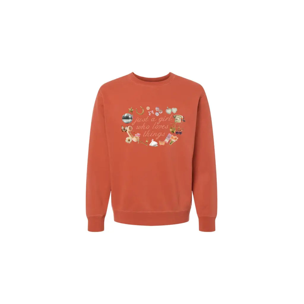 Rust-colored unisex pullover with loves things graphic and polished prints