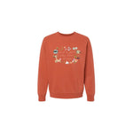 Rust-colored unisex pullover with loves things graphic and polished prints