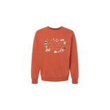 Rust-colored unisex pullover with loves things graphic and polished prints