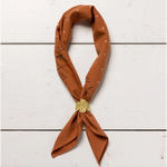 Brown patterned neckerchief with gold slide from Keep Going Cotton Voile Bandana, perfect for stylish womens clothes and moms