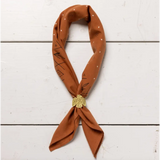 Brown patterned neckerchief with gold slide from Keep Going Cotton Voile Bandana, perfect for stylish womens clothes and moms