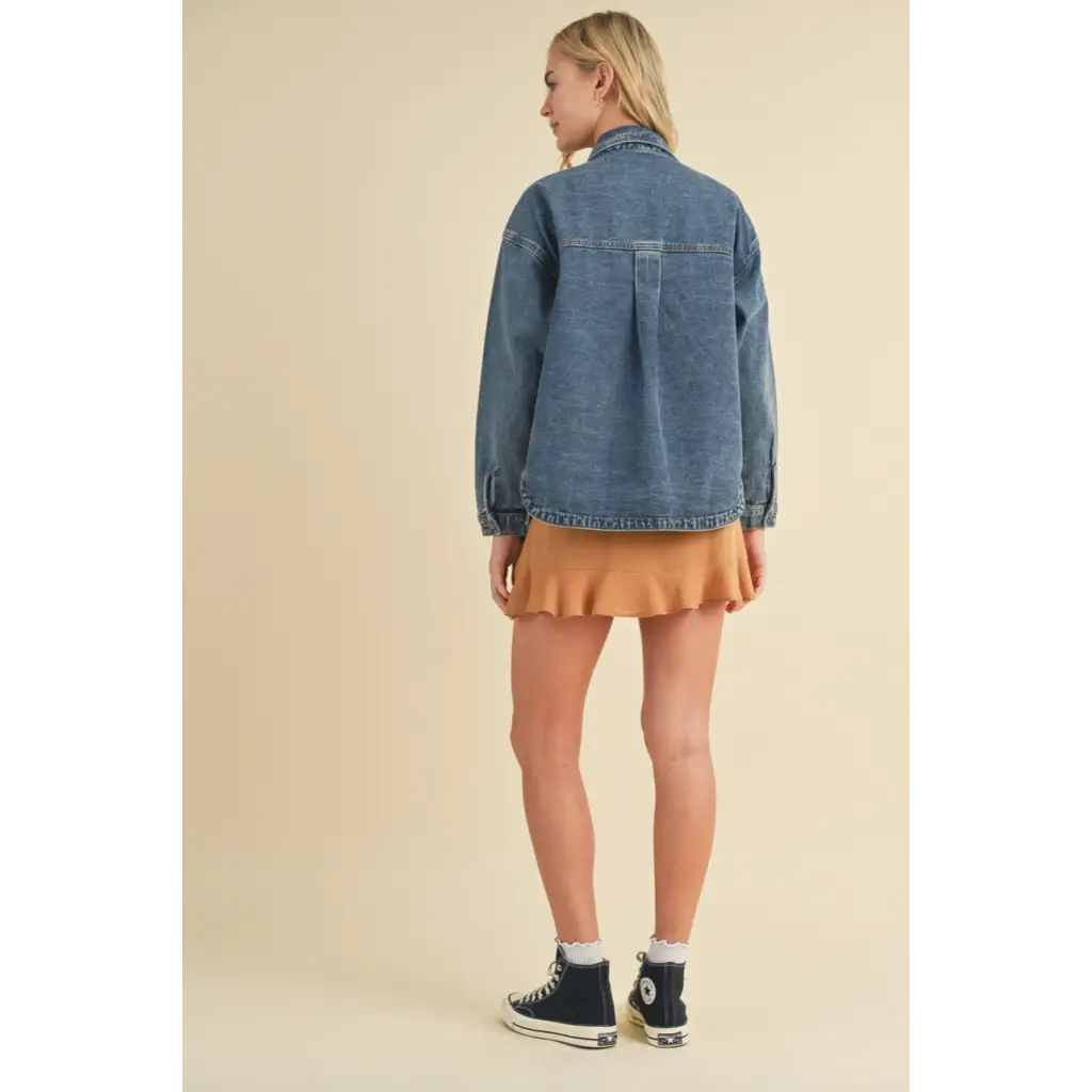 Kellie Washed Denim Shacket with Pocket - 170 Adult Sweater