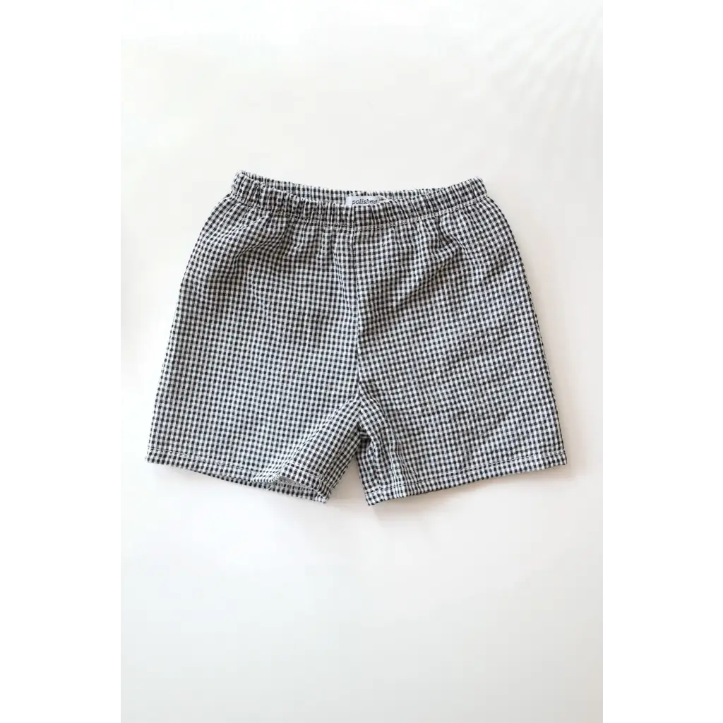 Kids Gingham Pull-On Shorts in soft seersucker-textured fabric with rolled hem details for French summer fun