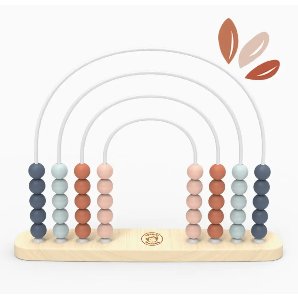 Wooden Rainbow Abacus with colorful wooden beads in muted blue, gray, and terracotta