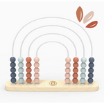 Wooden Rainbow Abacus with colorful wooden beads in muted blue, gray, and terracotta