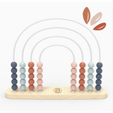 Wooden Rainbow Abacus with colorful wooden beads in muted blue, gray, and terracotta