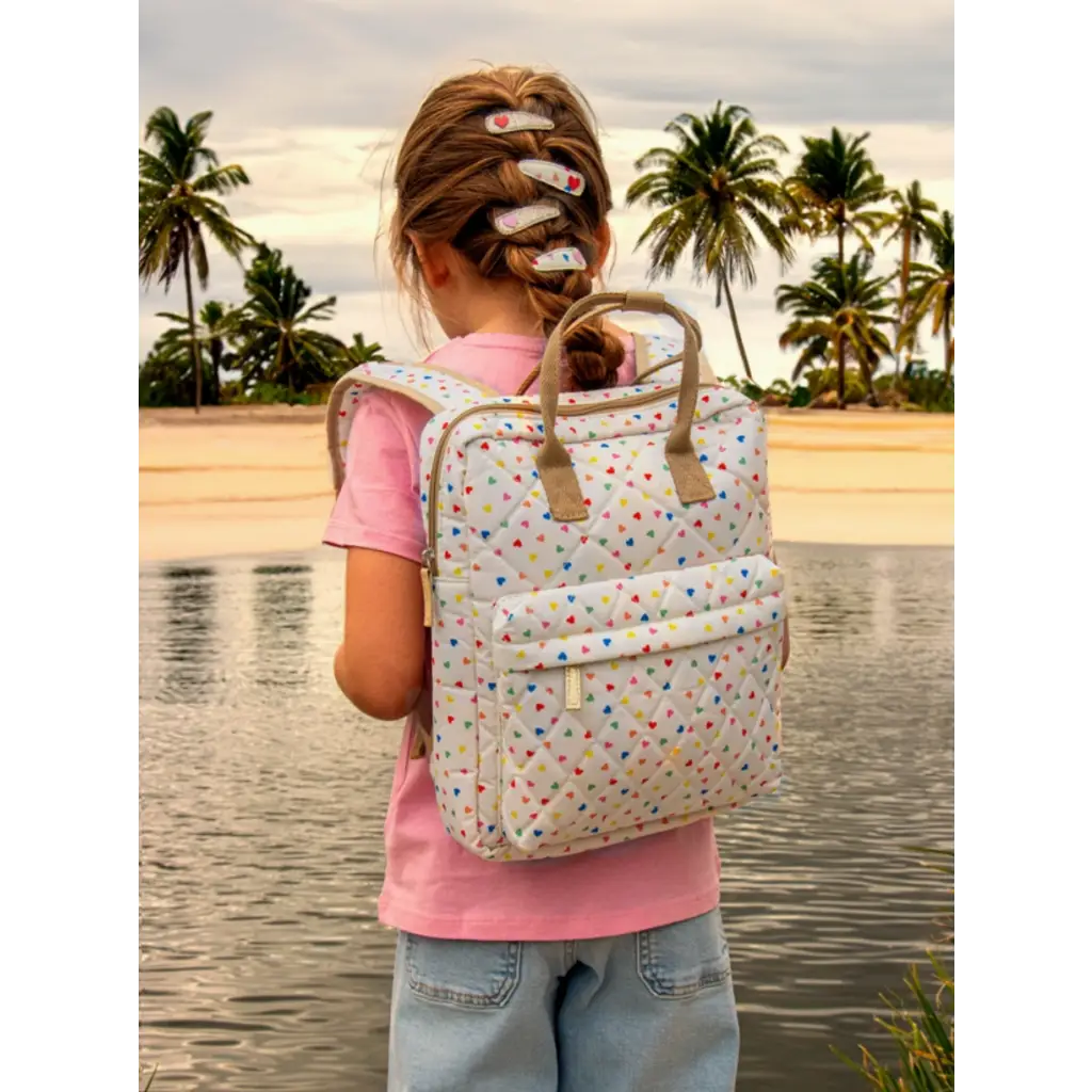 Floral print Fun Quilted Rucksack with Tan Leather Straps and Rainbow Hearts design