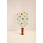 Polka-dotted mini pickle ball paddle with brown leather grip for little players to start em’ young