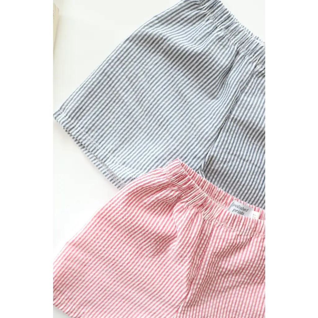 Kids striped pull-on shorts in classic nautical style with easy pull-on design and seersucker fabric
