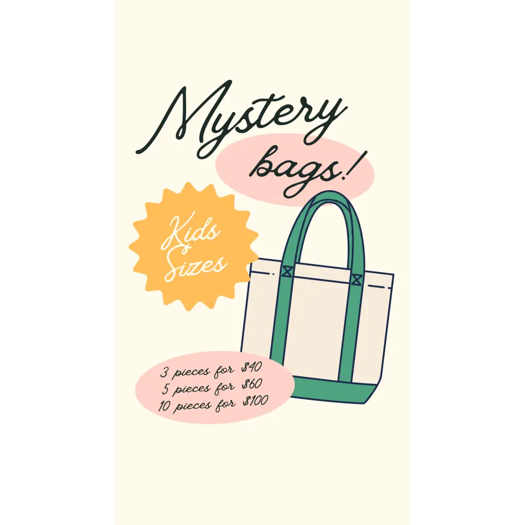 Kids Surprise Mystery Bundle tote bag with green handles and bottom, featuring popular polished prints