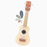 Light-colored wooden toy ukulele with floral design and soft nylon four orange strings