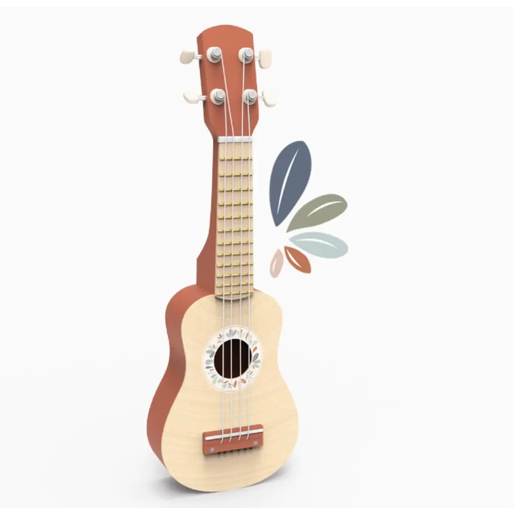 Wooden toy ukulele with natural finish and brown sides, perfect for kids’ fun!