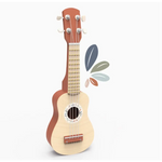 Wooden toy ukulele with natural finish and brown sides, perfect for kids’ fun!