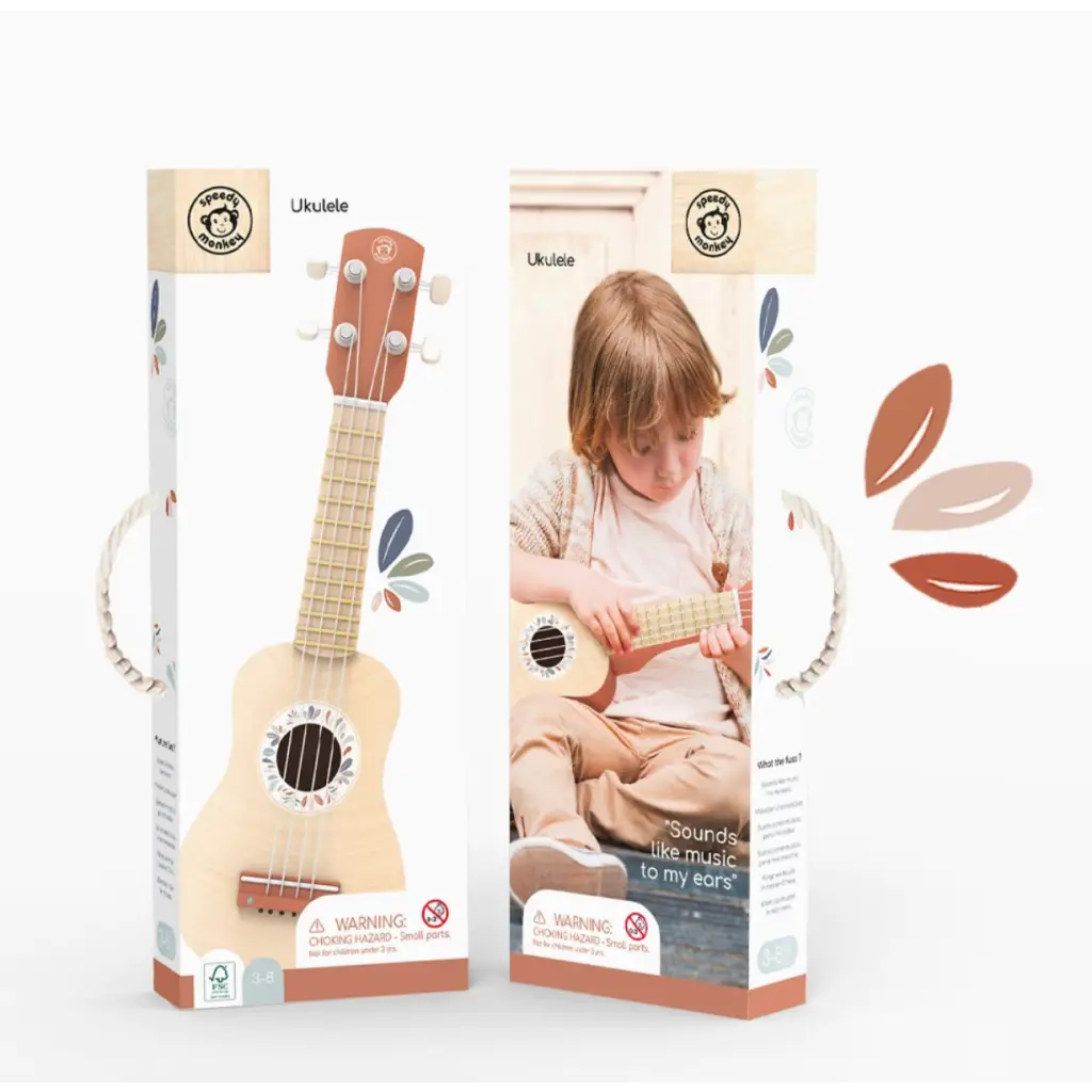 Wooden toy ukulele in floral packaging with soft nylon four strings and orange accents