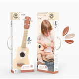 Wooden toy ukulele in floral packaging with soft nylon four strings and orange accents