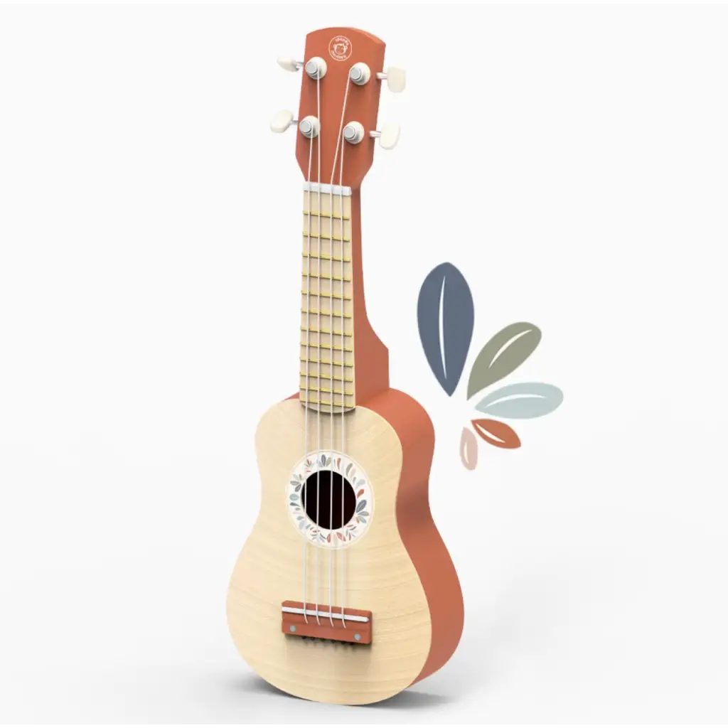 Wooden toy ukulele with natural top and reddish-brown sides, featuring soft nylon four strings