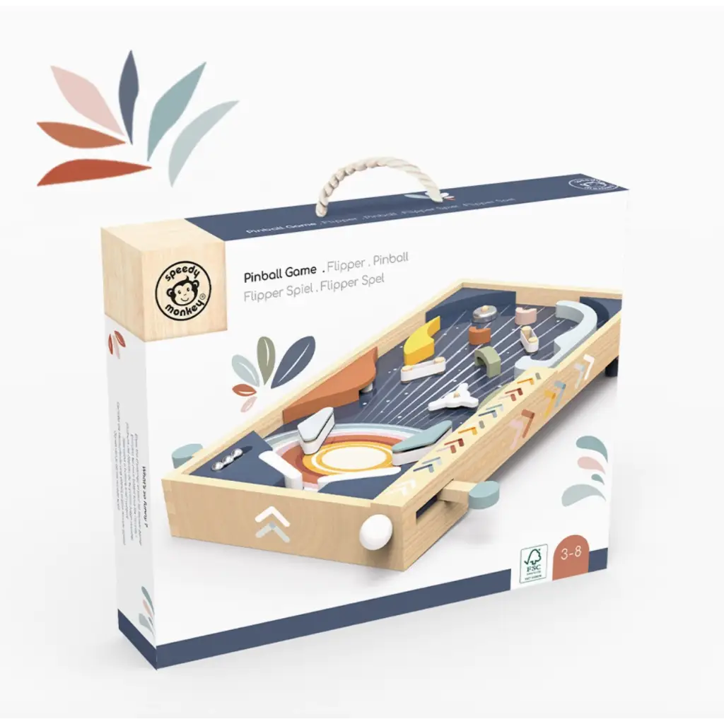 Wooden pinball game in retail packaging, perfect for space-themed fun!