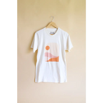 Golden Relaxed Graphic Tee featuring a minimalist orange sun and landscape design