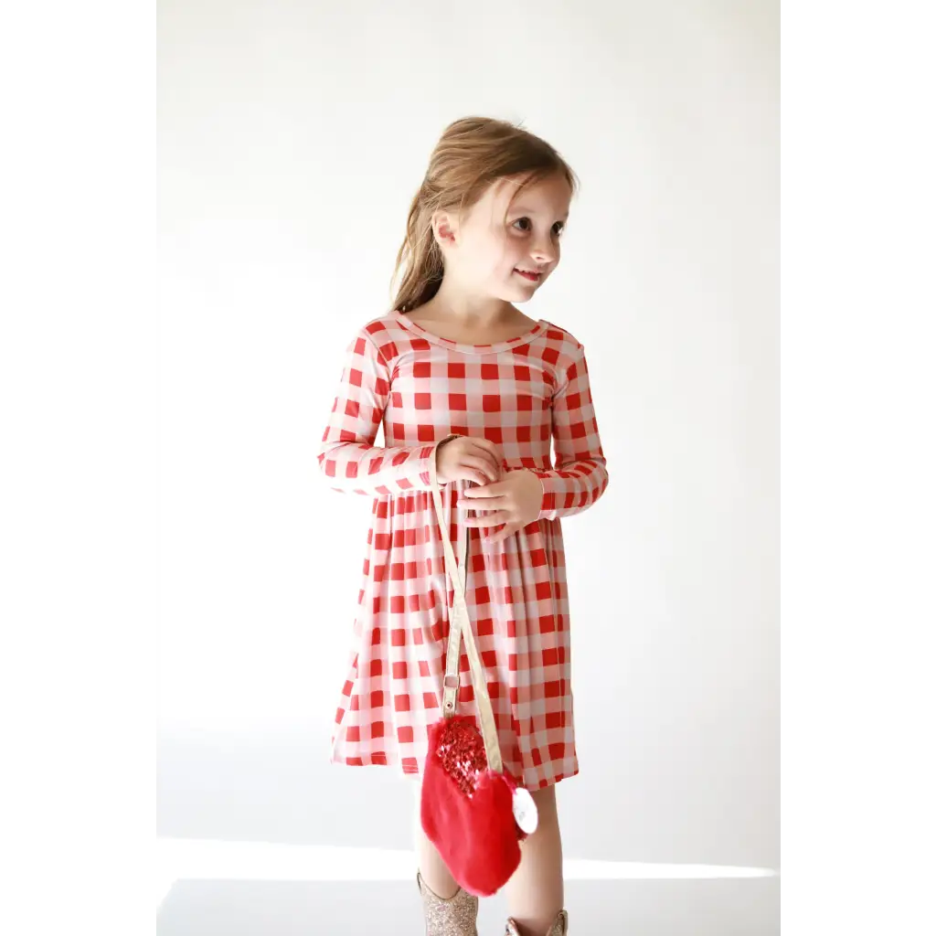 Cute long sleeved twirl Kit Plaid Dress for Girls in red and white gingham