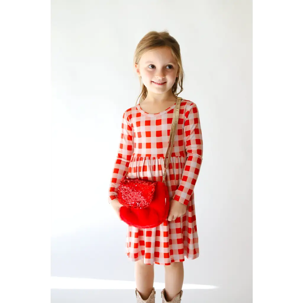 Red and white checkered Kit Plaid Dress with matching purse for stylish girls