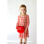 Red and white checkered Kit Plaid Dress with matching purse for stylish girls