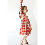 Red and white checkered Kit Plaid Dress for Girls with long sleeves and a gathered waist