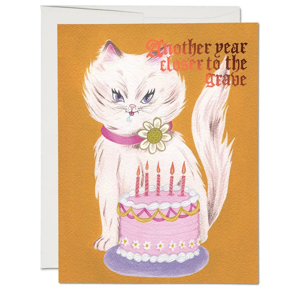 Vintage Kitty and Cake birthday greeting card featuring a white cat and pink cake, perfect for polished prints