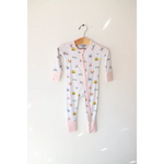 White baby onesie with animal print from the Kitty Cat Bamboo Baby Sleeper collection