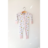 White baby onesie with animal print from the Kitty Cat Bamboo Baby Sleeper collection