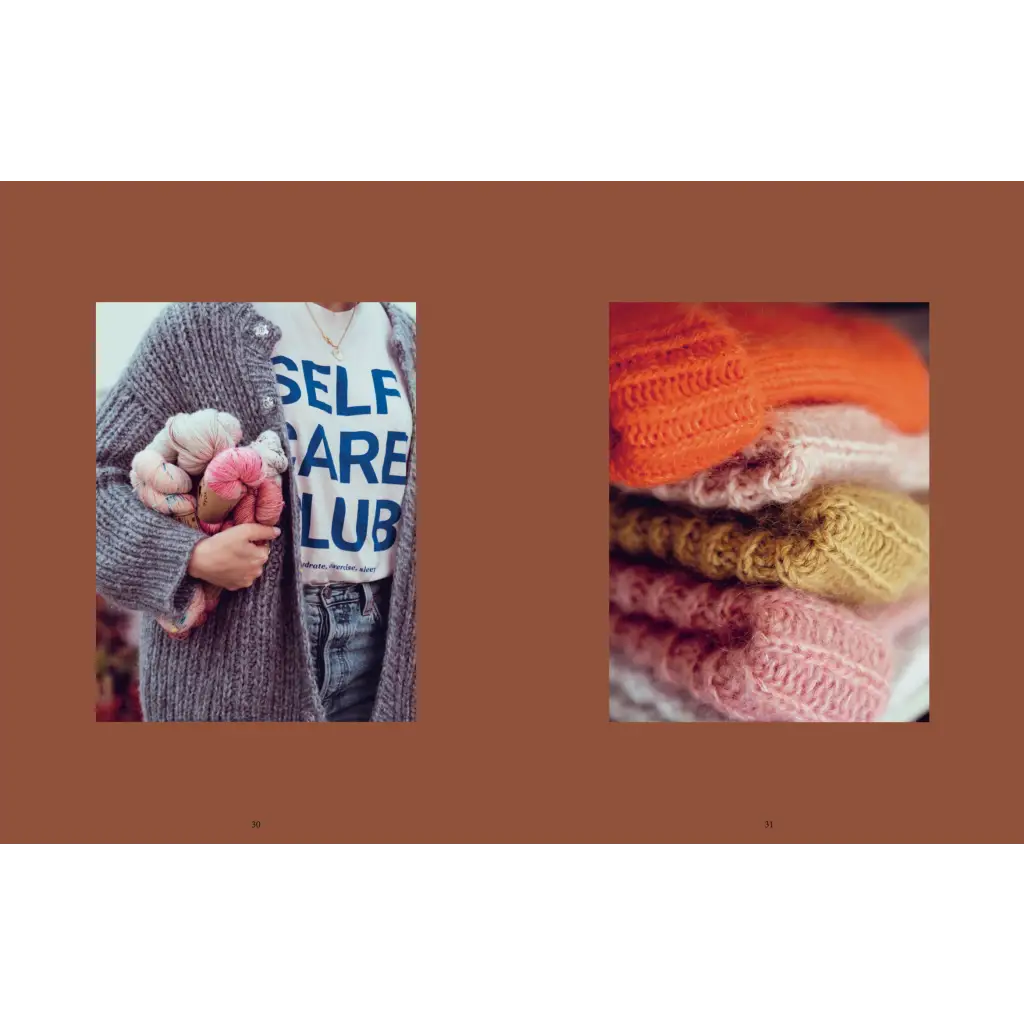 Colorful knit patterns stack in orange, pink, yellow, beige from Knit This!