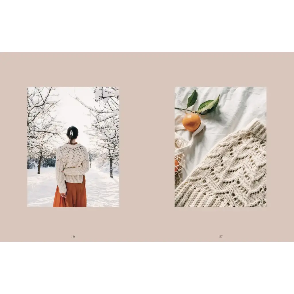 Cream knit sweater with lace pattern from Knit This! knit patterns book