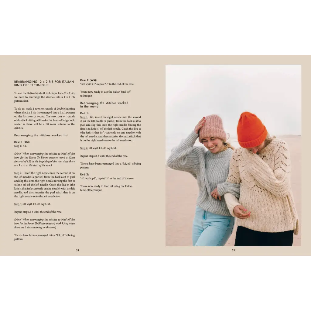 Two women in stylish knit patterns sweaters and hats from Knit This!