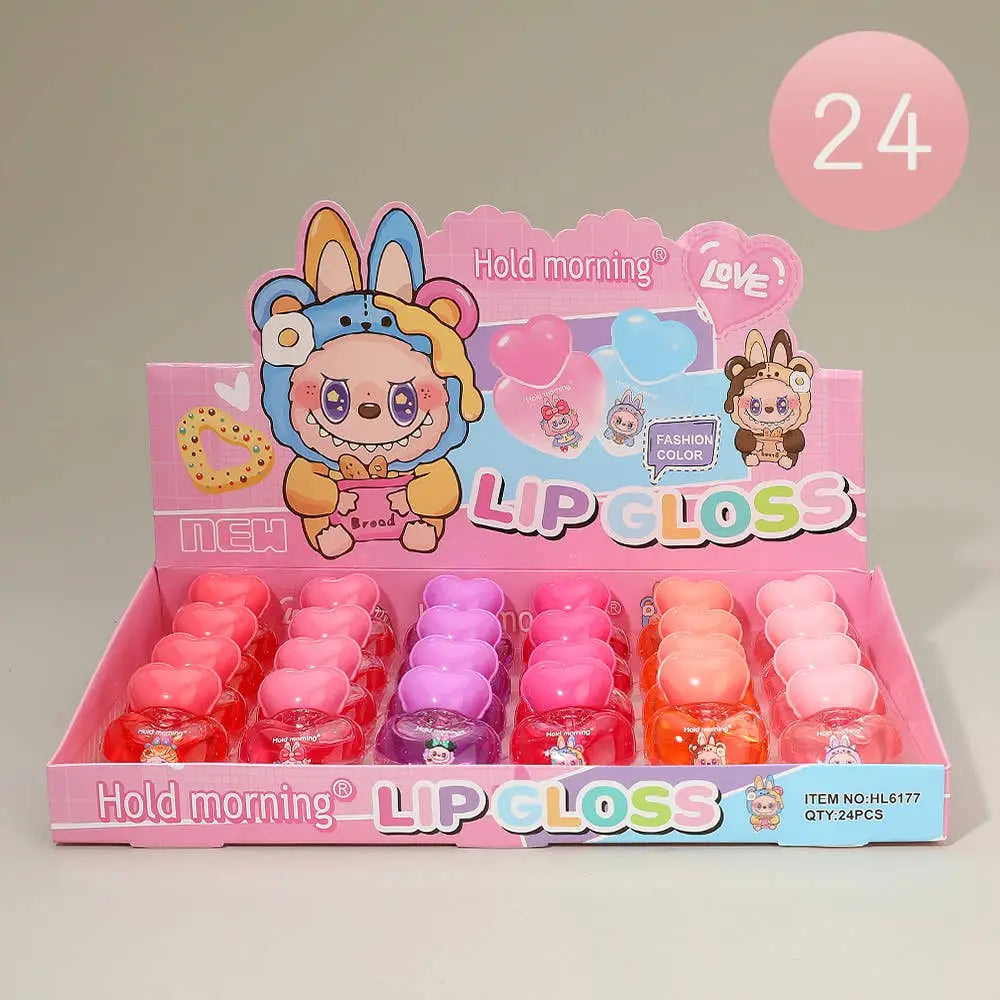 Labubu Bunny 24-pack lip gloss set with colorful glossy bottles and cute bear prints