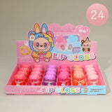Labubu Bunny 24-pack lip gloss set with colorful glossy bottles and cute bear prints