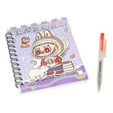 Purple spiral notebook with Labubu raccoon in winter attire pen set