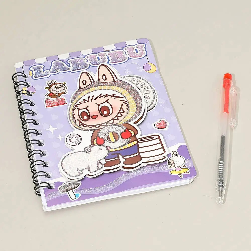 Labubu pen set with lavender notebook and rabbit bear prints