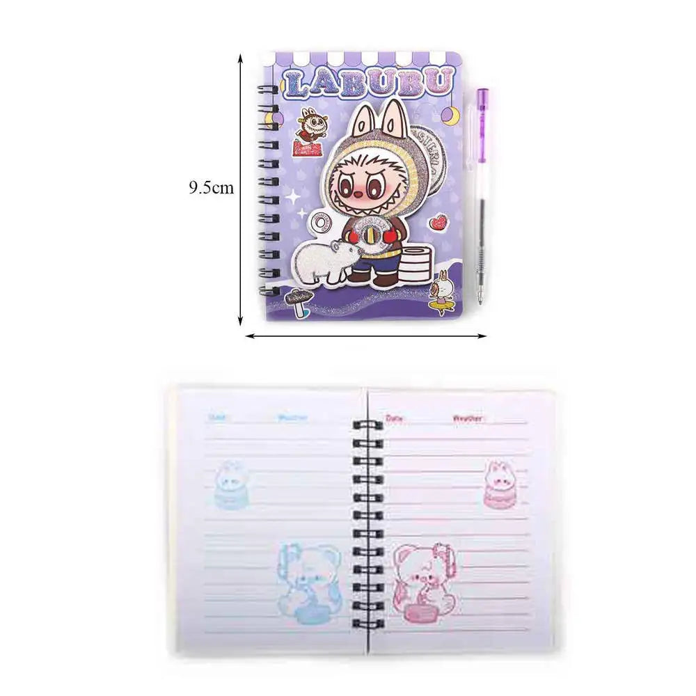 Labubu pen set with purple spiral notebook and cute character prints