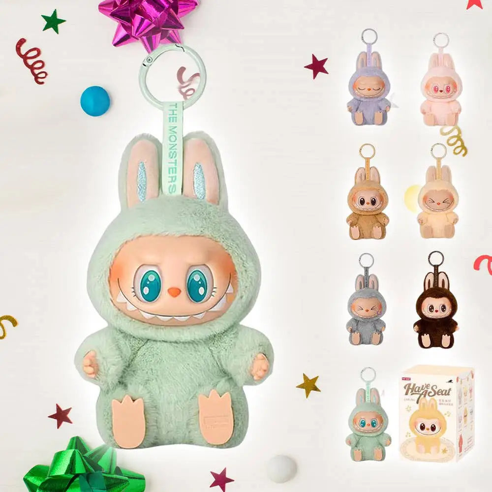 Cute labubu inspired mint green bunny keychain from blind boxes with surprised face