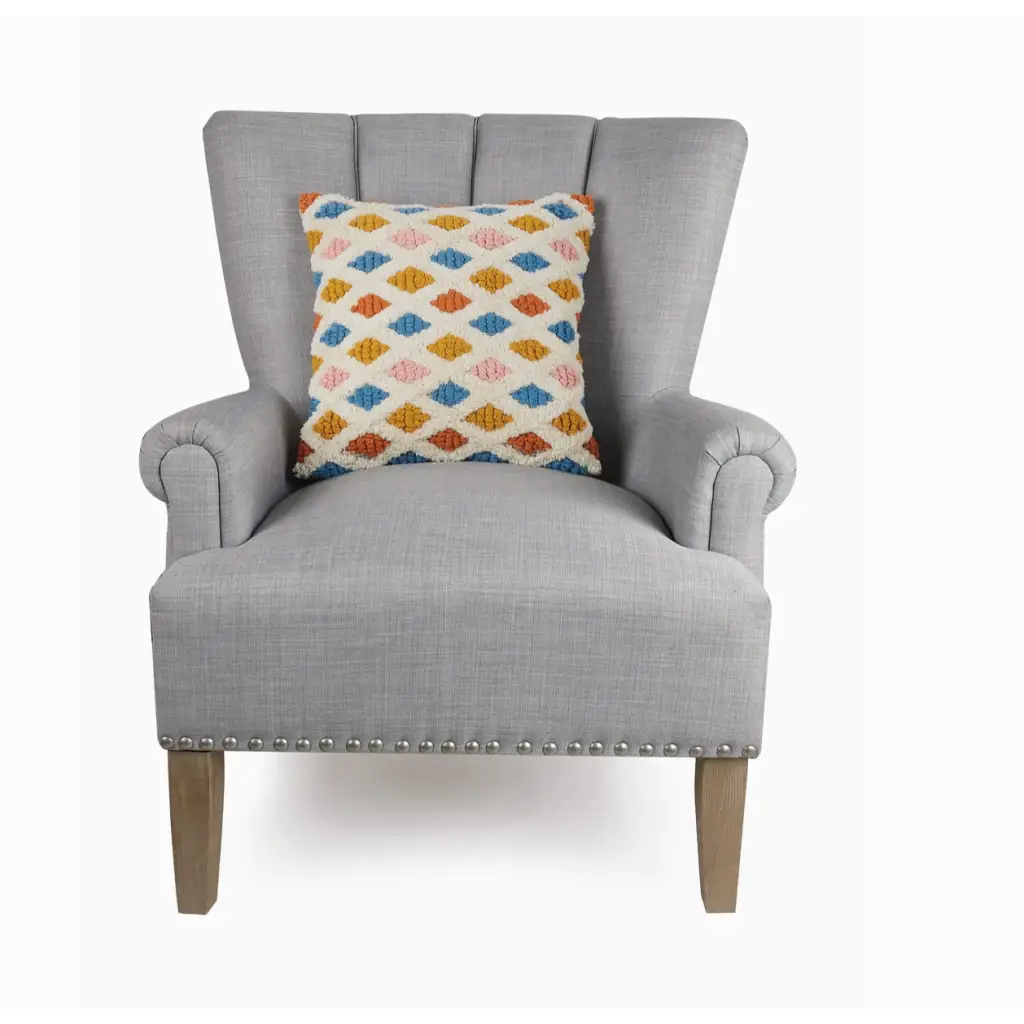 Gray armchair with wooden legs and geometric diamond pattern Lana Decorative Pillow